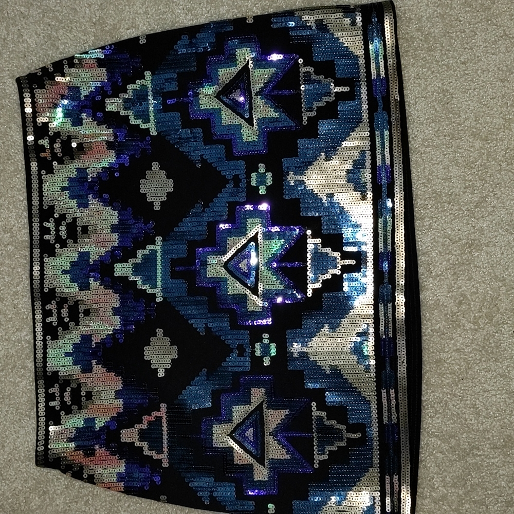 Express Black Sequin Mini Skirt with Blue & Silver Geometric Pattern